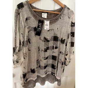 BALI Gray Black White Layered Textured Women's Mesh Knit Sweater Top L NWT